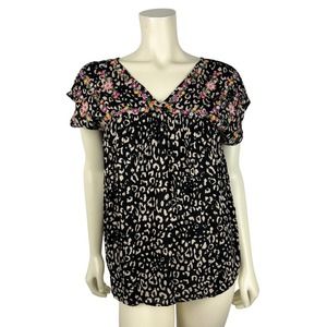 NEW Savanna Jane Embroidered Top S Vneck Leopard Print Black Boho Peasant Small